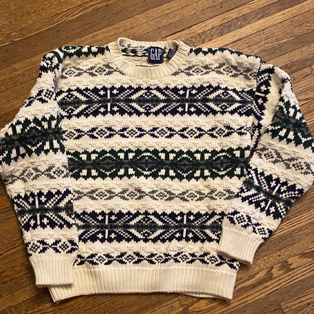 90s Y2K vintage GAP Men's Crewneck Fair Isle Sweater - Navy and Cream Pattern